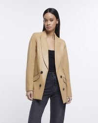 RIVER ISLAND BROWN FAUX LEATHER DOUBLE BREASTED BLAZER – women’s fake leather blazers – neutral jackets
