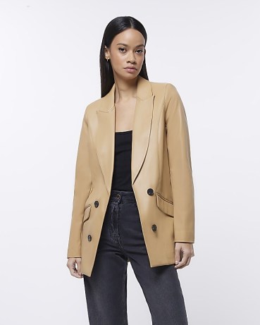RIVER ISLAND BROWN FAUX LEATHER DOUBLE BREASTED BLAZER – women’s fake leather blazers – neutral jackets - flipped