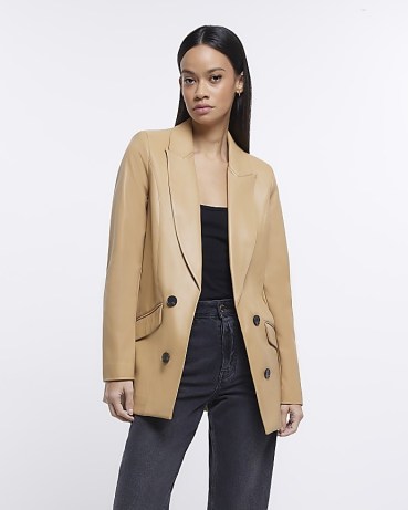 RIVER ISLAND BROWN FAUX LEATHER DOUBLE BREASTED BLAZER – women’s fake leather blazers – neutral jackets