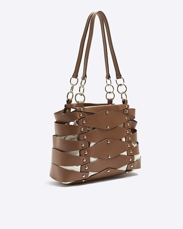 RIVER ISLAND BROWN LEATHER CUT OUT SHOULDER BAG ~ fashion handbags ~ cutout detail bags - flipped