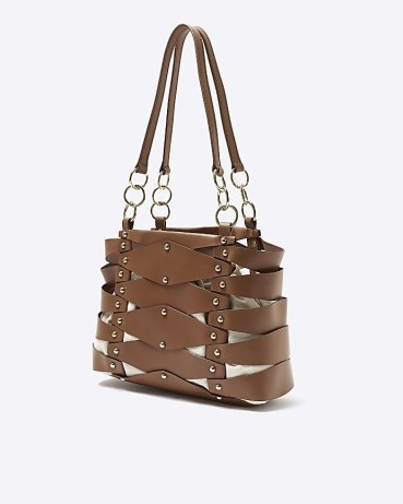 RIVER ISLAND BROWN LEATHER CUT OUT SHOULDER BAG ~ fashion handbags ~ cutout detail bags