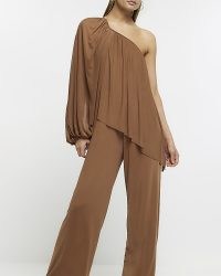 RIVER ISLAND BROWN MESH ASYMMETRIC JUMPSUIT – one sleeve / shoulder jumpsuits – women’s going out evening fashion