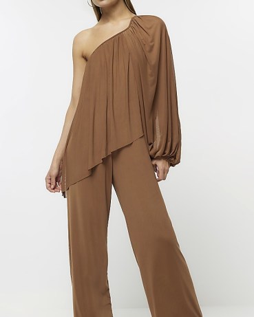 RIVER ISLAND BROWN MESH ASYMMETRIC JUMPSUIT – one sleeve / shoulder jumpsuits – women’s going out evening fashion - flipped