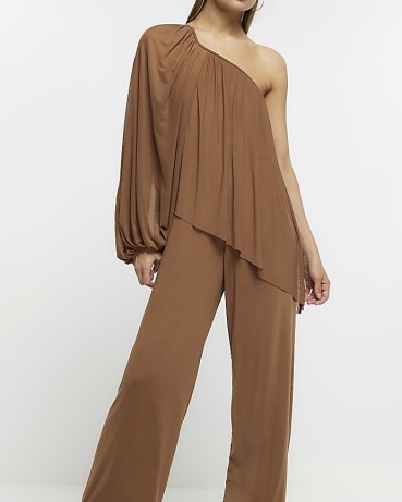 RIVER ISLAND BROWN MESH ASYMMETRIC JUMPSUIT – one sleeve / shoulder jumpsuits – women’s going out evening fashion