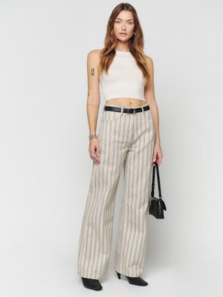 Reformation Cary High Rise Slouchy Wide Leg Jeans in Chicago Stripe ~ women’s relaxed fit striped denim jean - flipped