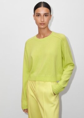 Me and Em Cashmere Crew Neck Cropped Box Jumper in Citronelle – women’s luxury citrus coloured jumpers – womens lightweight boxy summer sweater – crop hem sweaters – luxe knits - flipped