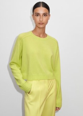 Me and Em Cashmere Crew Neck Cropped Box Jumper in Citronelle – women’s luxury citrus coloured jumpers – womens lightweight boxy summer sweater – crop hem sweaters – luxe knits