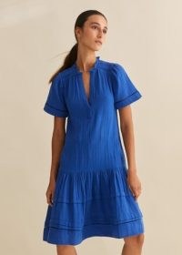 Me and Em Cheesecloth Pleat Detail Swing Dress in Electric Blue – women’s cotton short sleeve tiered hem dresses – womens textured summer clothing
