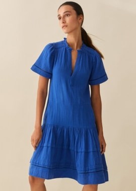 Me and Em Cheesecloth Pleat Detail Swing Dress in Electric Blue – women’s cotton short sleeve tiered hem dresses – womens textured summer clothing - flipped