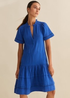 Me and Em Cheesecloth Pleat Detail Swing Dress in Electric Blue – women’s cotton short sleeve tiered hem dresses – womens textured summer clothing