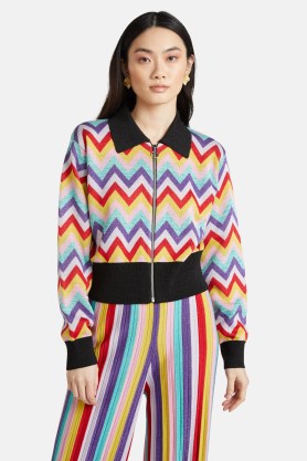 gorman Chevron Lurex Knit Jacket – women’s zigzag bomber jackets – zig zag prints – womens outerwear with metallic thread - flipped
