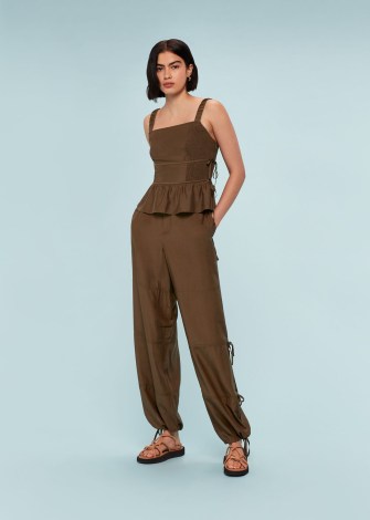 WHISTLES TIE DETAIL TROUSER in Chocolate ~ women’s silky brown cuffed hem cargo style trousers ~ chic parachutte pants