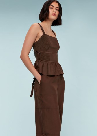 WHISTLES TIE SIDE SHIRRED TOP in Chocolate ~ brown shoulder strap peplum tops - flipped