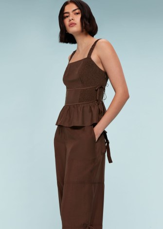 WHISTLES TIE SIDE SHIRRED TOP in Chocolate ~ brown shoulder strap peplum tops