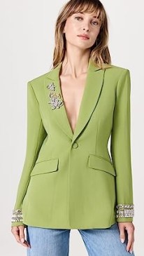 Cinq à Sept Stacked Jewelry Embroidered Cheyenne Blazer in Moss – green embellished single breasted blazers – women’s jackets with removable crystal jewellery - flipped