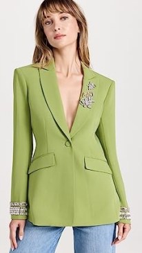 Cinq à Sept Stacked Jewelry Embroidered Cheyenne Blazer in Moss – green embellished single breasted blazers – women’s jackets with removable crystal jewellery