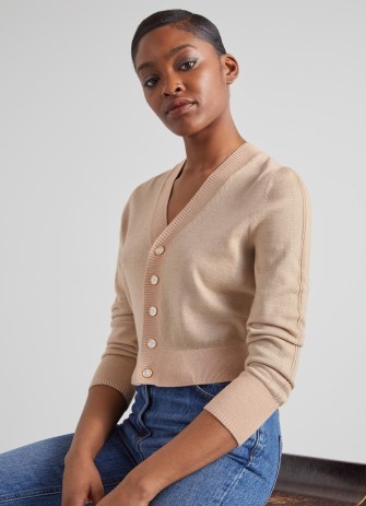 L.K. BENNETT Coco Sand Metallic Cotton and Sustainably Sourced Merino Cardigan – luxe gold thread cardigans - flipped