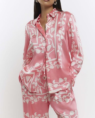RIVER ISLAND CORAL PRINT OVERSIZED SATIN SHIRT / women’s silky floral relaxed fit shirts