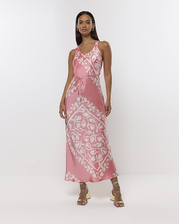 RIVER ISLAND CORAL PRINT SLIP MIDI DRESS / silky sleeveless printed dresses - flipped