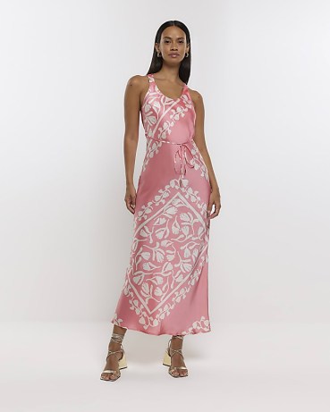 RIVER ISLAND CORAL PRINT SLIP MIDI DRESS / silky sleeveless printed dresses