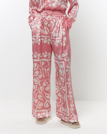 RIVER ISLAND CORAL PRINT WIDE LEG TROUSERS / silky floral printed trouser - flipped