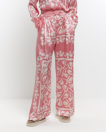 RIVER ISLAND CORAL PRINT WIDE LEG TROUSERS / silky floral printed trouser