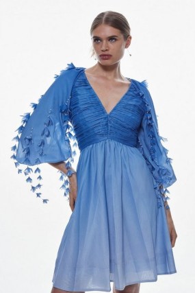 KAREN MILLEN Cotton Applique Detail Woven Mini Dress in Blue / floral balloon sleeve pleated bodice party dresses / women’s feminine occasion clothes - flipped