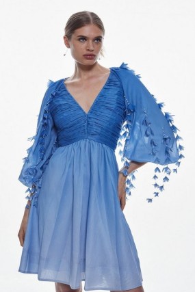 KAREN MILLEN Cotton Applique Detail Woven Mini Dress in Blue / floral balloon sleeve pleated bodice party dresses / women’s feminine occasion clothes