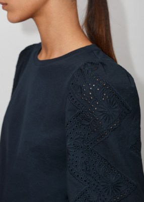 Me and Em Cotton Embroidered Mixed-Media Swing Top in Navy – dark blue long sleeve tops with embroidery detail - flipped