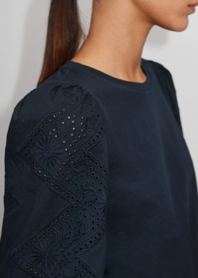 Me and Em Cotton Embroidered Mixed-Media Swing Top in Navy – dark blue long sleeve tops with embroidery detail