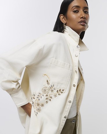 RIVER ISLAND CREAM EMBELLISHED DENIM SHIRT / women’s cotton shirts with floral embellishments - flipped