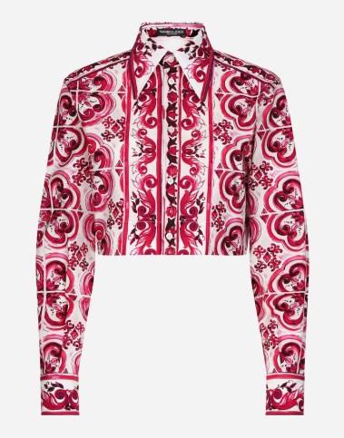 Dolce & Gabbana Cropped Majolica-print poplin shirt ~ women’s printed pink and white crop hem shirts ~ beautiful Italian clothes - flipped