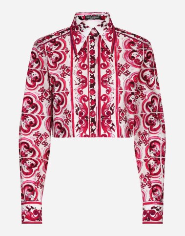Dolce & Gabbana Cropped Majolica-print poplin shirt ~ women’s printed pink and white crop hem shirts ~ beautiful Italian clothes