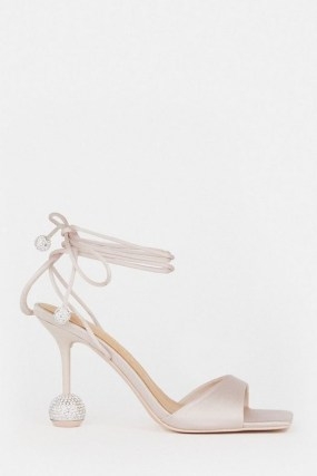 KAREN MILLEN Crystal Ball Strappy Heel in Blush ~ ankle wrap party heels ~ square toe evening sandals ~ glamorous occasion shoes - flipped