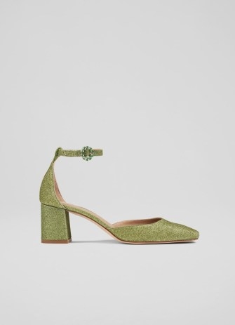 L.K. BENNETT Darling Green Fine Glitter D’Orsay Courts – glittering ankle strap court shoes – shimmering occasion block heels – crystal buckle detail - flipped