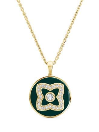 De Beers Jewellers 18kt yellow gold Enchanted Lotus diamond and enamel necklace – green circular pendants with diamonds – women’s luxe jewellery – luxury pendant necklaces - flipped