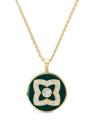 De Beers Jewellers 18kt yellow gold Enchanted Lotus diamond and enamel necklace – green circular pendants with diamonds – women’s luxe jewellery – luxury pendant necklaces