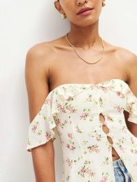Reformation Delaney Top in Elsie – ruffled floral bardot tops – romantic off the shoulder fashion – romance inspired clothing – ruffle trim clothes