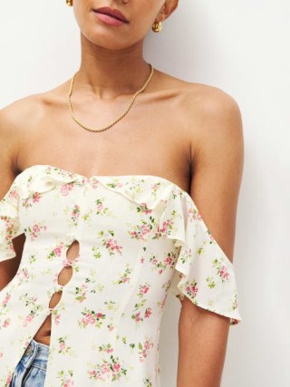 Reformation Delaney Top in Elsie – ruffled floral bardot tops – romantic off the shoulder fashion – romance inspired clothing – ruffle trim clothes - flipped
