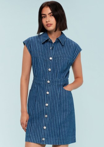 WHISTLES DENIM BODICE STRIPE DRESS | cap sleeve collared dresses | tonal blue striped fashion - flipped