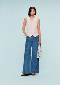 WHISTLES PATCHWORK VERTICAL STRIPE JEAN | tonal blue striped wide leg jeans | women’s retro style denim clothing | vintage inspired fashion