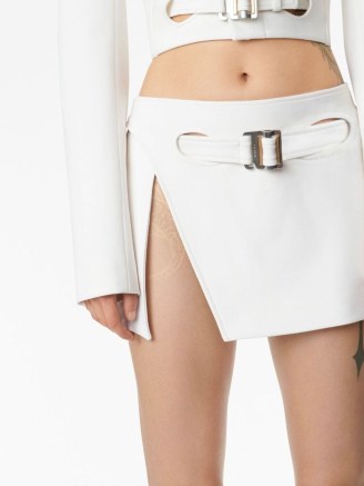 Dion Lee Interloop mini skirt in white – short thigh length slit hem skirts – women’s edgy clothing – front buckle detail - flipped