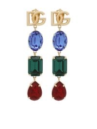 Dolce & Gabbana logo-plaque crystal-embellished earrings – tri-colour designer drops – statement jewellery with coloured crystals