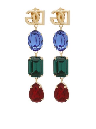 Dolce & Gabbana logo-plaque crystal-embellished earrings – tri-colour designer drops – statement jewellery with coloured crystals - flipped