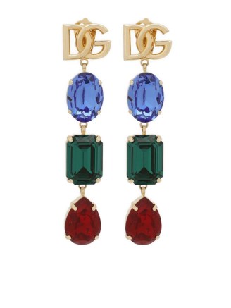 Dolce & Gabbana logo-plaque crystal-embellished earrings – tri-colour designer drops – statement jewellery with coloured crystals