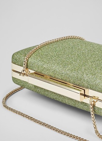 L.K. BENNETT Dotty Green Fine Glitter Box Clutch – shimmering occasion bags – glittering evening handbag with chain shoulder strap - flipped