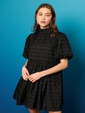 sister jane Sea Star Embellished Mini Dress in Black Ink – voluminous puff sleeve high neck dresses