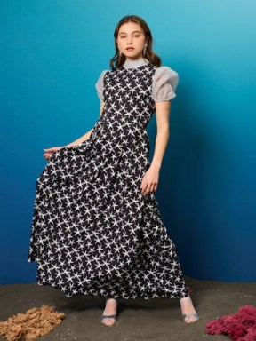sister jane Starfish Midi Dress in Black Ink – mixed print maxi dresses – sheer puff sleeves – puffed sleeve clothes - flipped