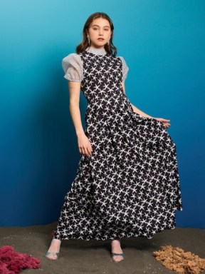 sister jane Starfish Midi Dress in Black Ink – mixed print maxi dresses – sheer puff sleeves – puffed sleeve clothes