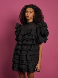 sister jane DREAM Mariah Ruffle Mini Dress Black Ink – layered occasion dresses – ruffled LBD – feminine party fashion
